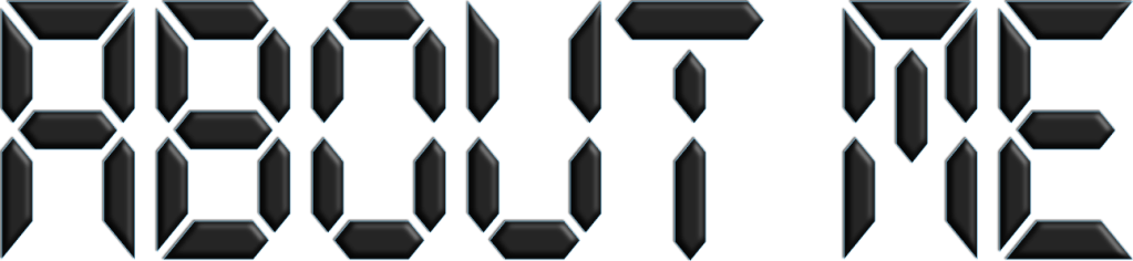 The words 'about me’ written in a digital 7-segment display font